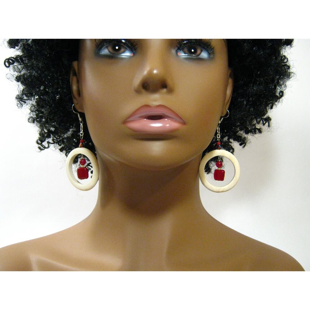 Handmade Wood Hoop Earrings Red Art Glass Accents  2 inch